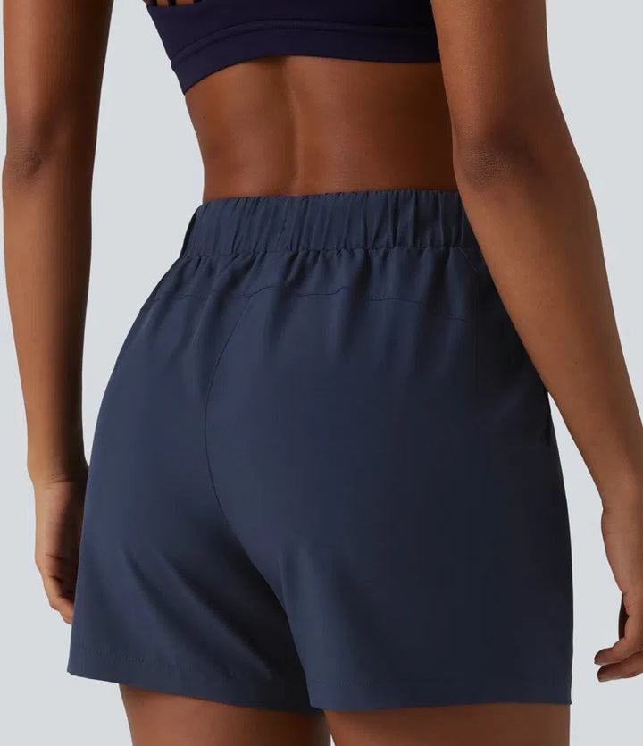 High Waisted Elastic Waistband Drawstring Pleated Yoga Shorts 5" with Pockets