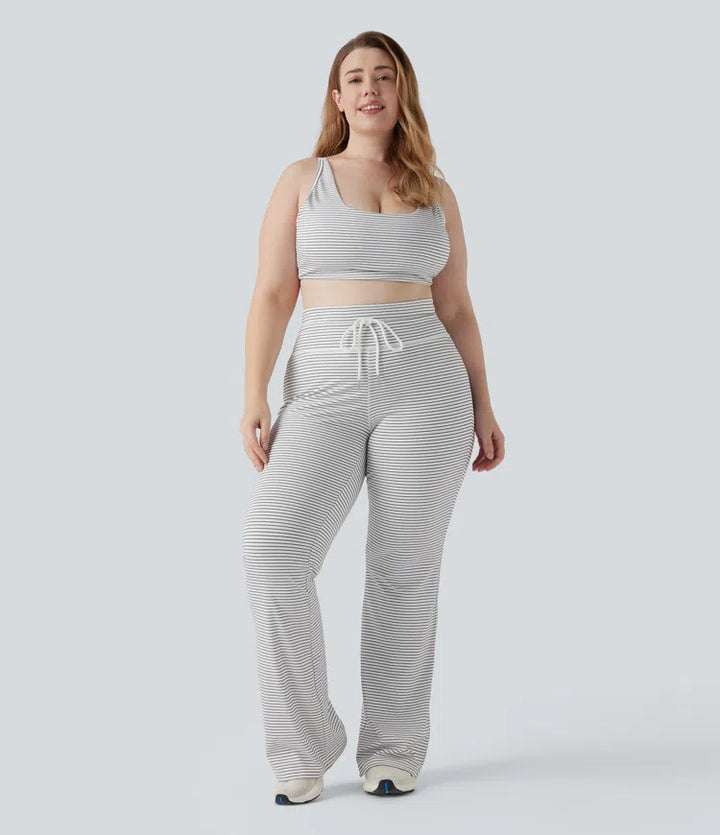 High Waisted Drawstring Stripe Flare Yoga Plus Size Pants with Pockets