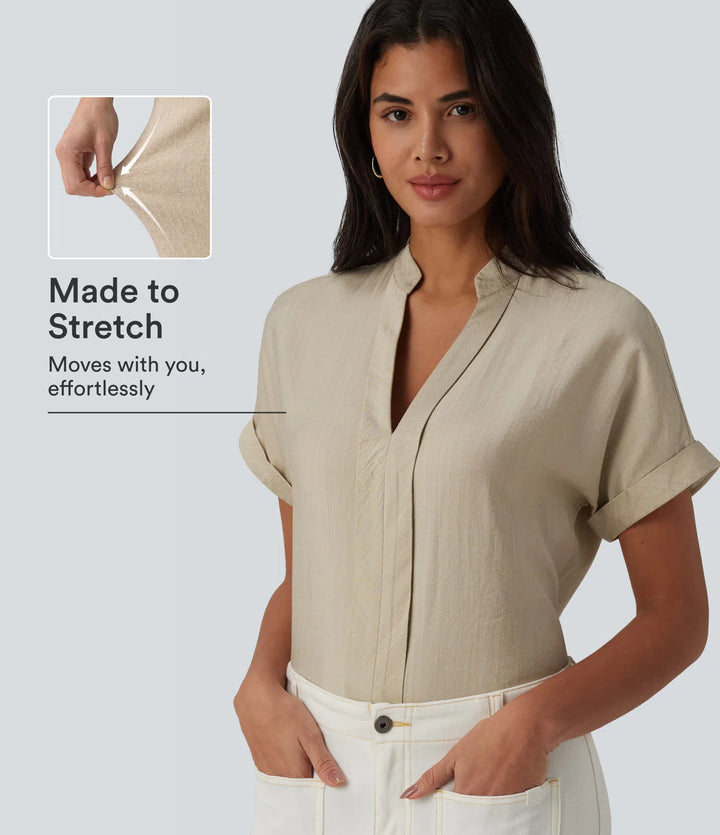V Neck Short Sleeve Linen-Feel Work Shirt