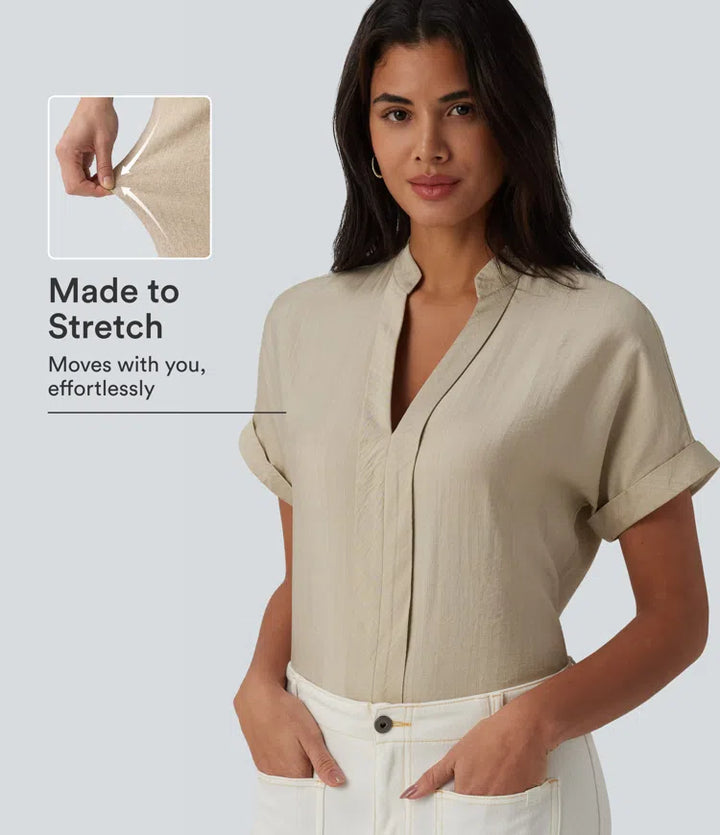 V Neck Short Sleeve Linen-Feel Work Shirt
