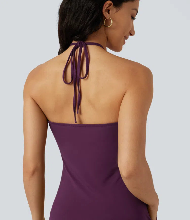 Halter Tie Back Built-in Bra Mini Resort Dress with Pockets