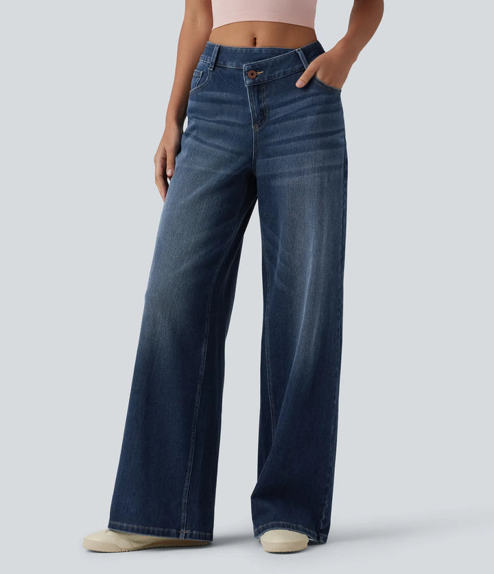 Halara Flex Asymmetric Mid Rise Wide Leg Casual Jeans with Pockets