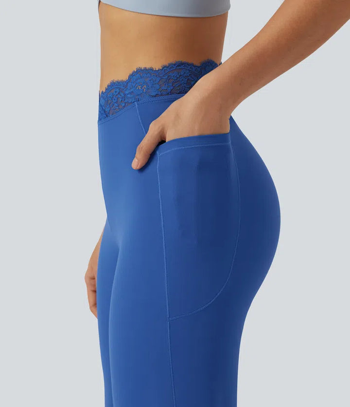 SoftlyZero High Waisted Contrast Lace Dance Balloon Pants with Pockets