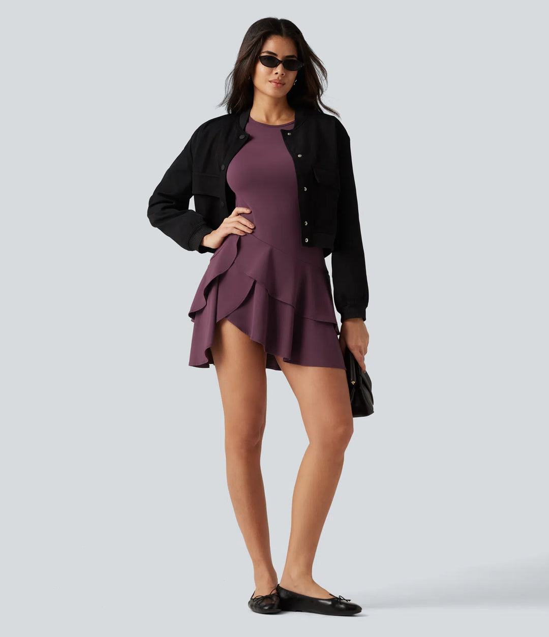 SoftlyZero Airy Round Neck Long Sleeve Layered Ruffle Hem InstantCool Mini Casual Dress