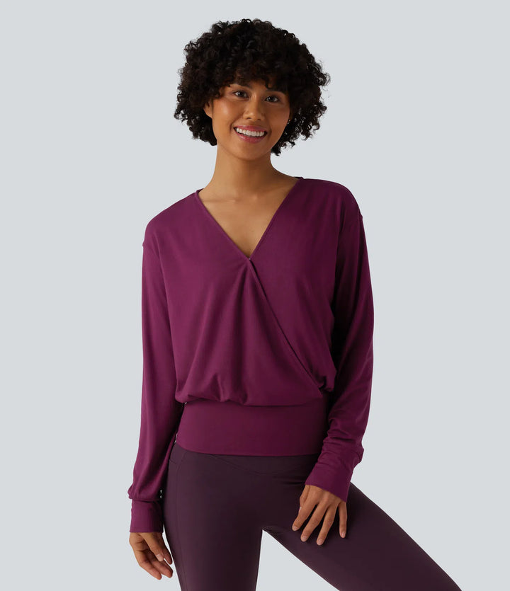 V Neck Crossover Long Sleeve Work Blouse