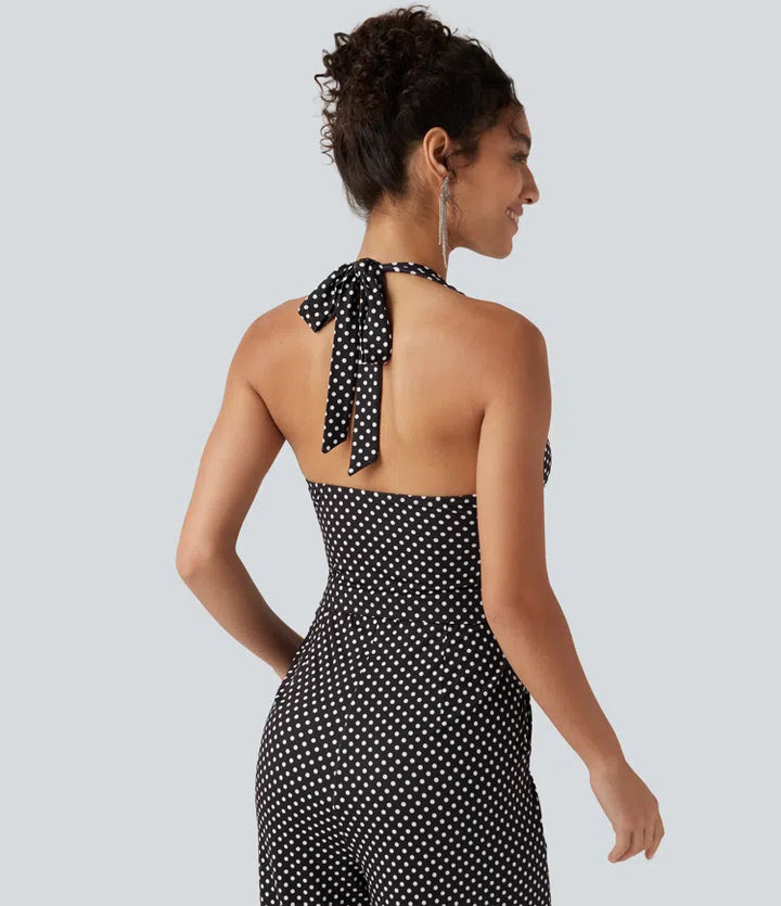 Halter Sleeveless Backless Built-in Bra Polka Dot Print Resort Jumpsuit with Pockets-Easy Peezy