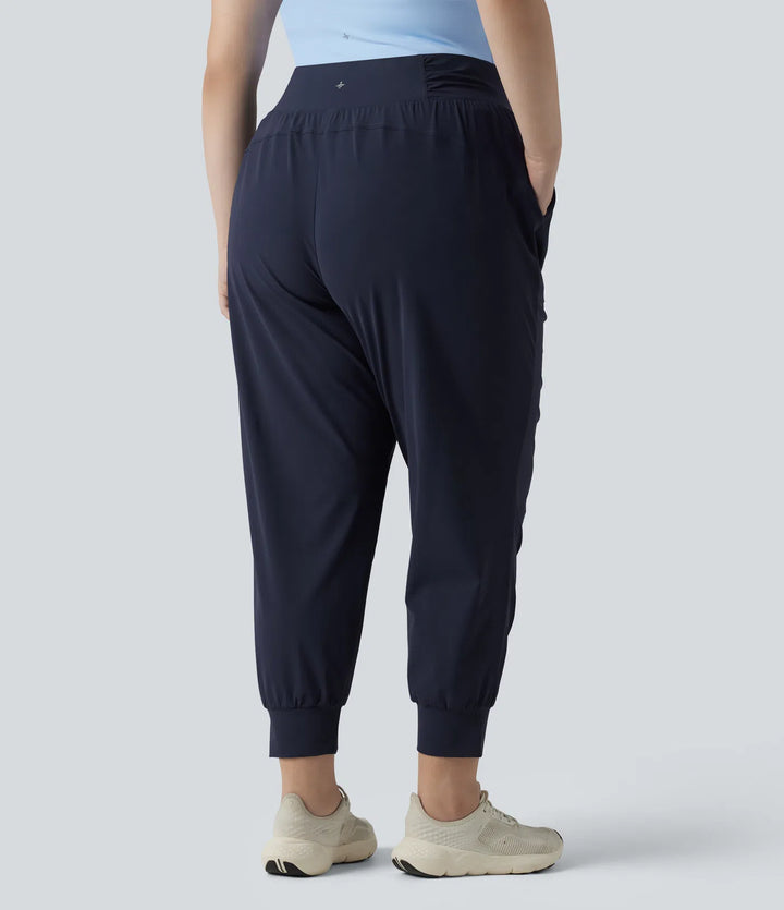 Plus Size High Waisted Drawstring Ruched Tapered Quick Dry InstantCool Dance Joggers with Pockets-UPF40+