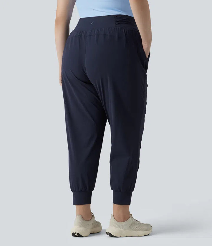 Plus Size High Waisted Drawstring Ruched Tapered Quick Dry InstantCool Dance Joggers with Pockets-UPF40+
