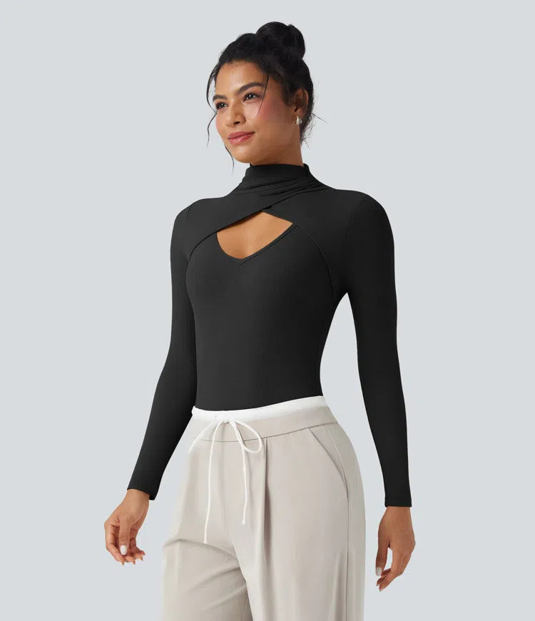 Ribbed Knit High-neck Cut-out Long Sleeve Skinny Work Bodysuit