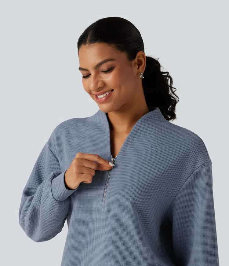 V Neck Long Sleeve Waffle Casual Sweatshirt