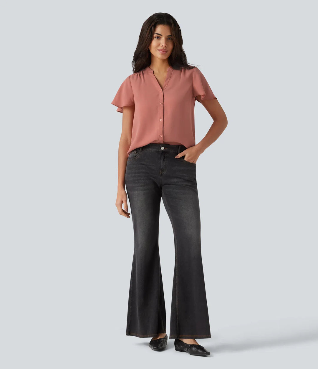V-neck Flounce Sleeve Curved Hem Casual Blouse