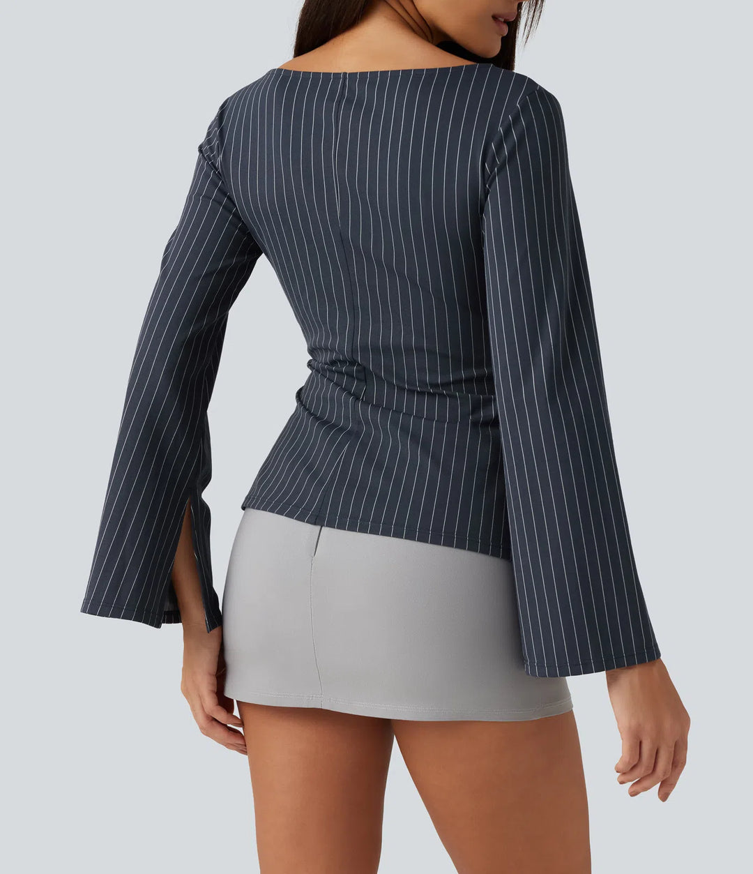 Boat Neck Flounce Long Sleeve Tie Side Ruched Stripe Work Blouse
