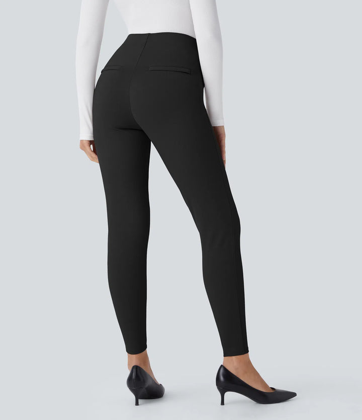 High Waisted Tummy Control Decorative Back Zipper Pockets Herringbone Work Pants