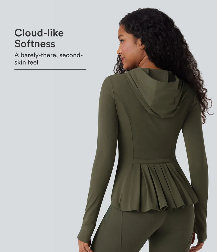 SoftlyZero Hooded Long Sleeve Thumb Hole Pleated Jacket with Pockets