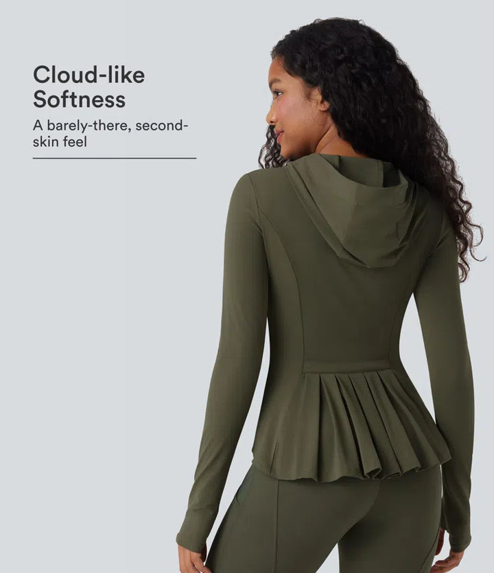 SoftlyZero Hooded Long Sleeve Thumb Hole Pleated Jacket with Pockets