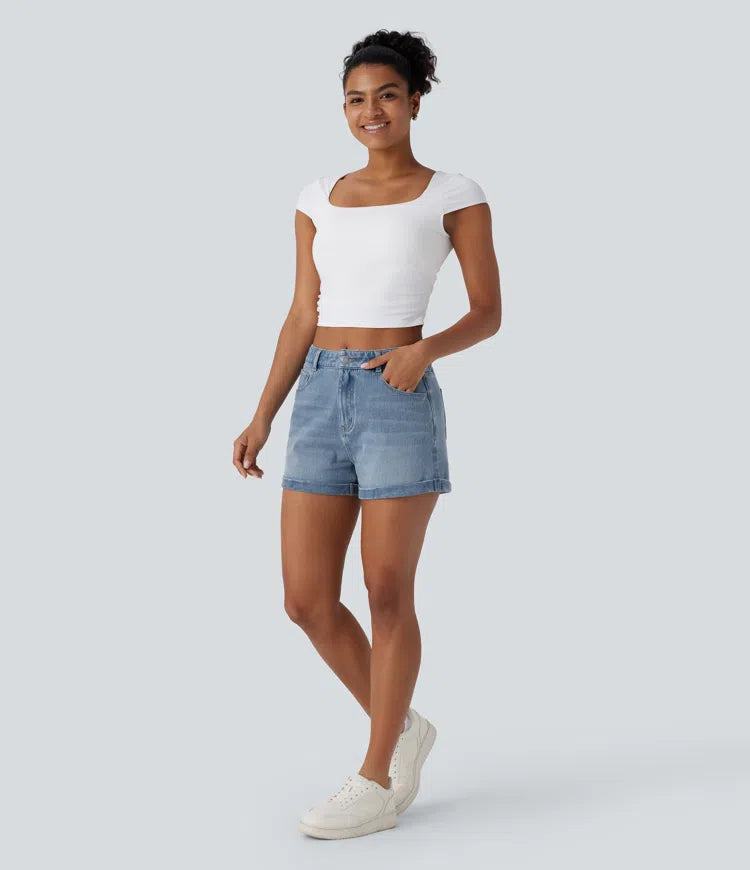 Halara Flex Mid Rise Zipper Pockets Denim Casual Shorts 3&