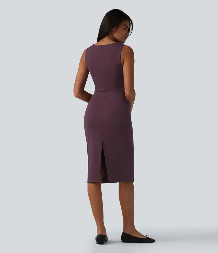 Boat Neck Sleeveless Pencil Midi Work Dress