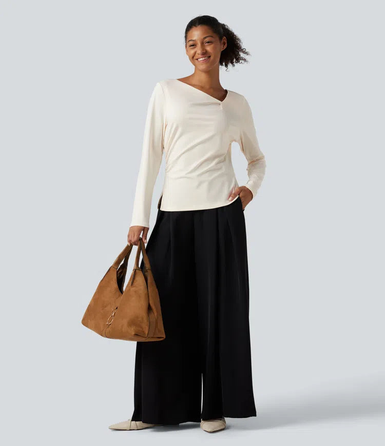 Asymmetric Cowl Neck Long Sleeve Ruched Slit Hem Work Blouse