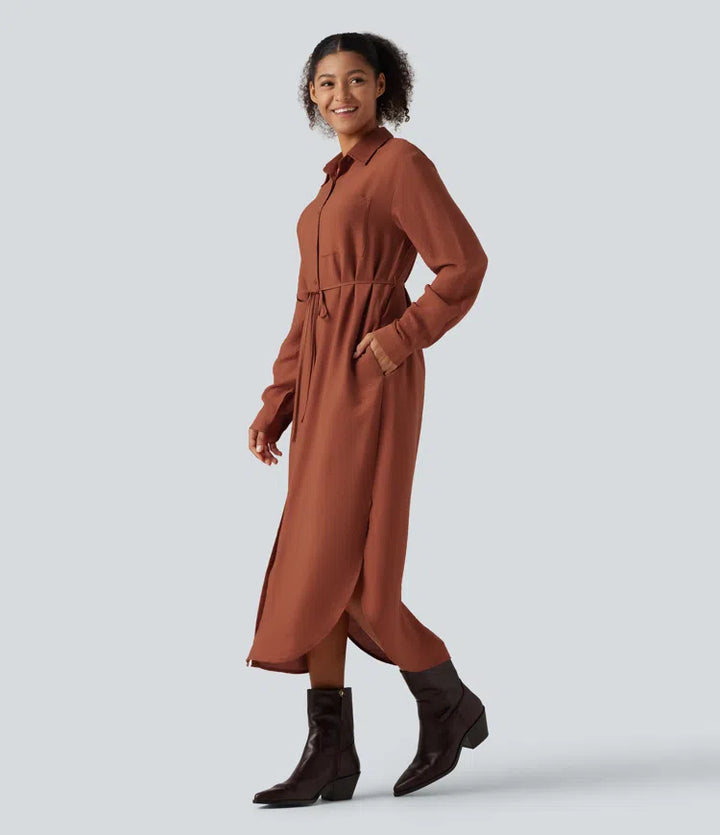 Collar Long Sleeve Belted Curved Split Hem Midi Casual Shirt Dress with Pockets
