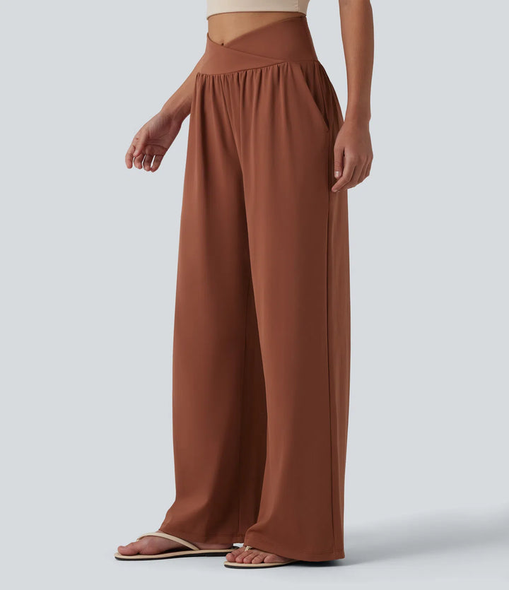 SoftlyZero Airy Crossover High Waisted InstantCool Casual Baggy Pants with Pockets