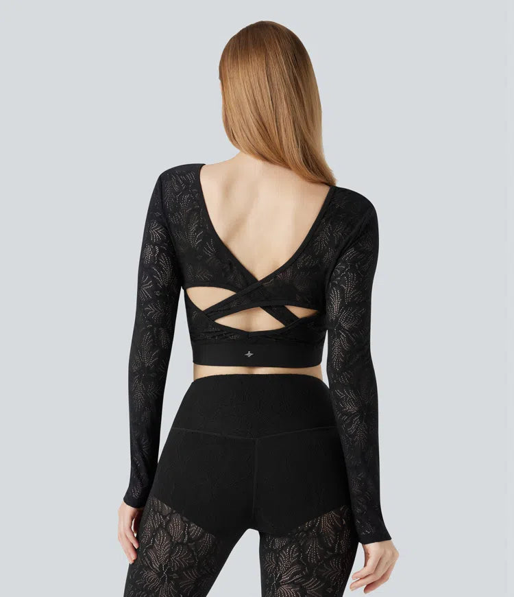 SoftlyZero Contrast Lace Crossover Hem Long Sleeve Cropped Yoga Sports Top