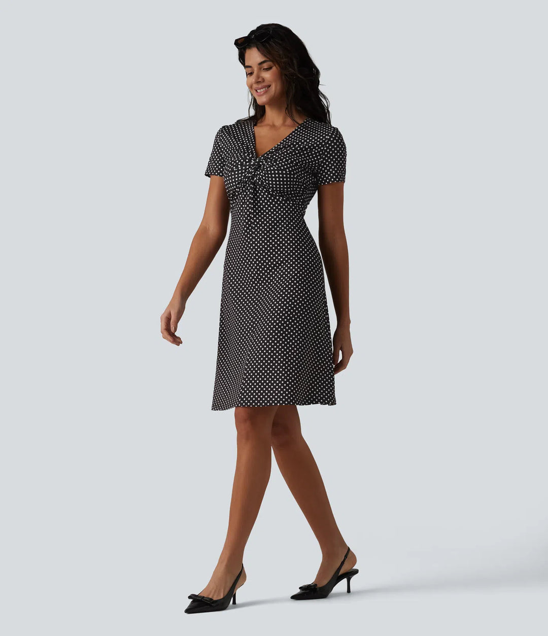V Neck Short Sleeve Polka Dot Knee Length Casual Dress