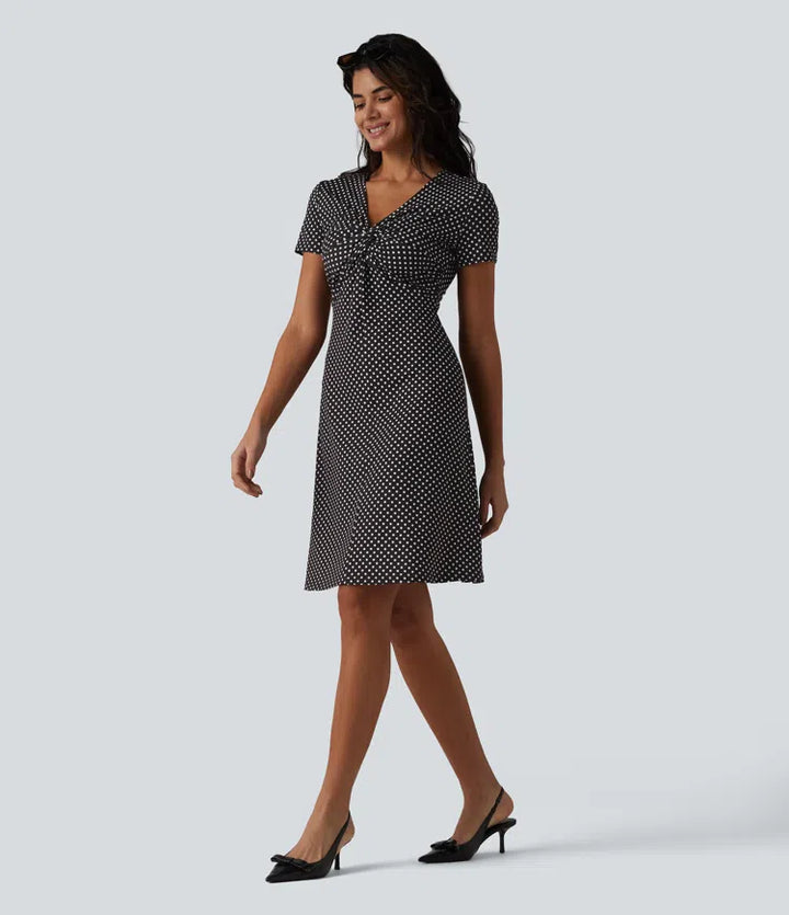 V Neck Short Sleeve Polka Dot Knee Length Casual Dress