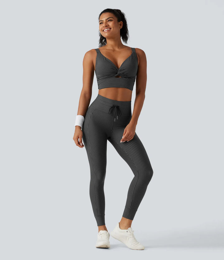 High Waisted Drawstring Stripe Yoga Leggings with Pockets