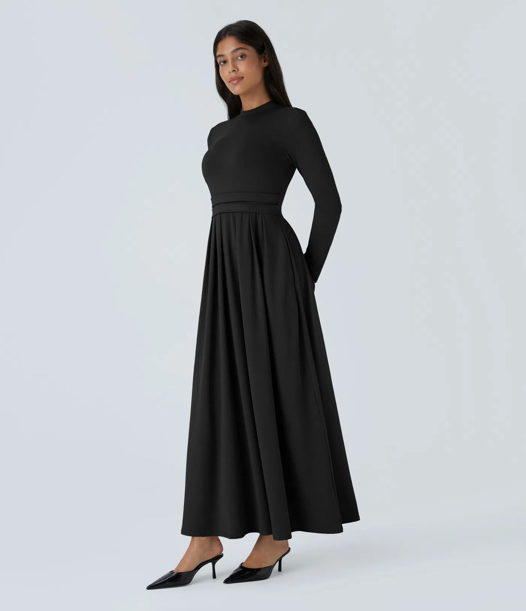 Mock-neck Long Sleeve Pocket Flare Maxi Casual Dress