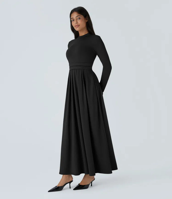 Mock-neck Long Sleeve Pocket Flare Maxi Casual Dress