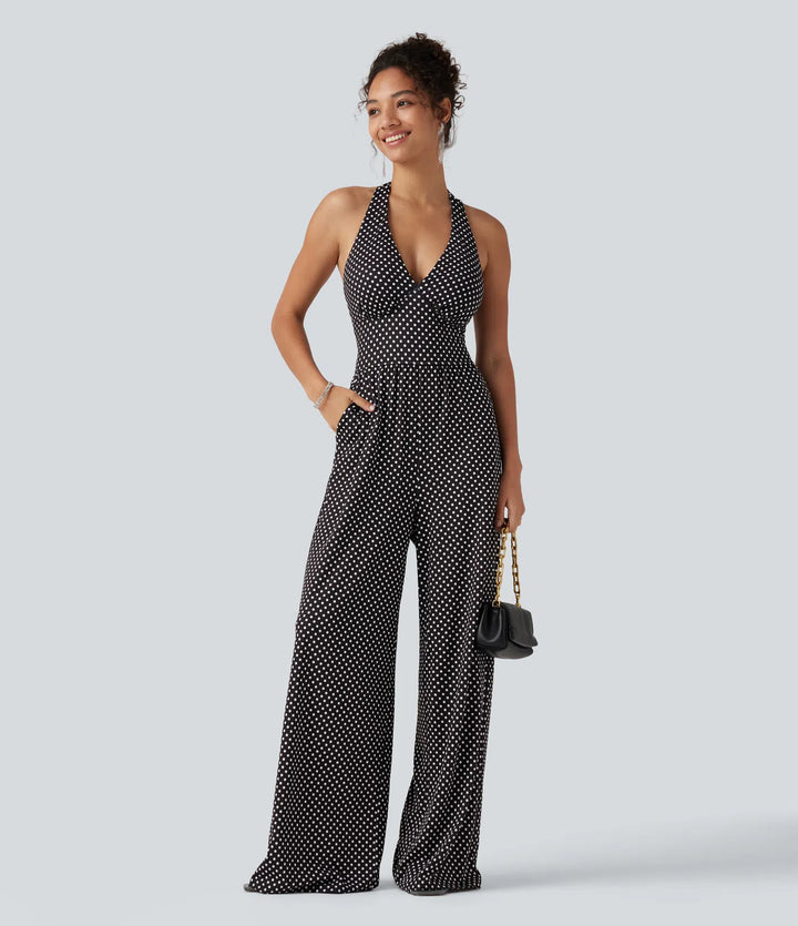 Halter Sleeveless Backless Built-in Bra Polka Dot Print Resort Jumpsuit with Pockets-Easy Peezy