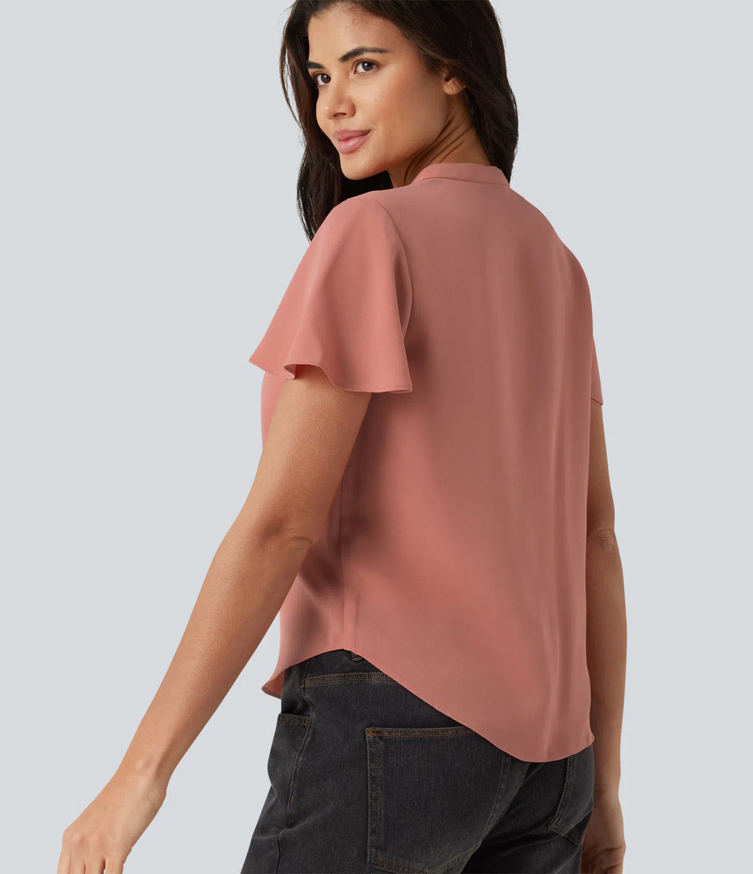 V-neck Flounce Sleeve Curved Hem Casual Blouse