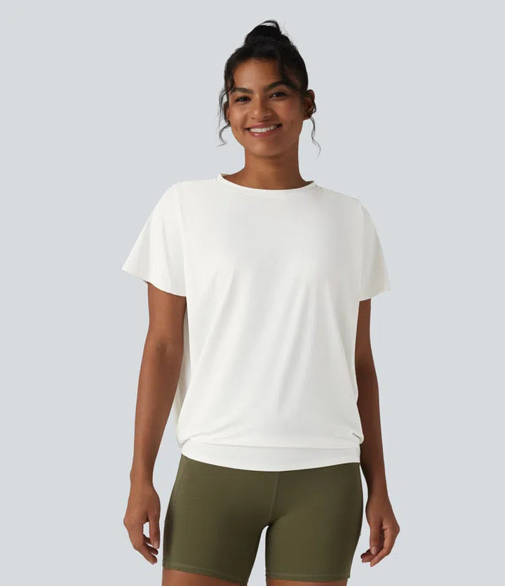 Round Neck Short Sleeve Ruched Cool Touch Yoga Sports Top-UPF50+