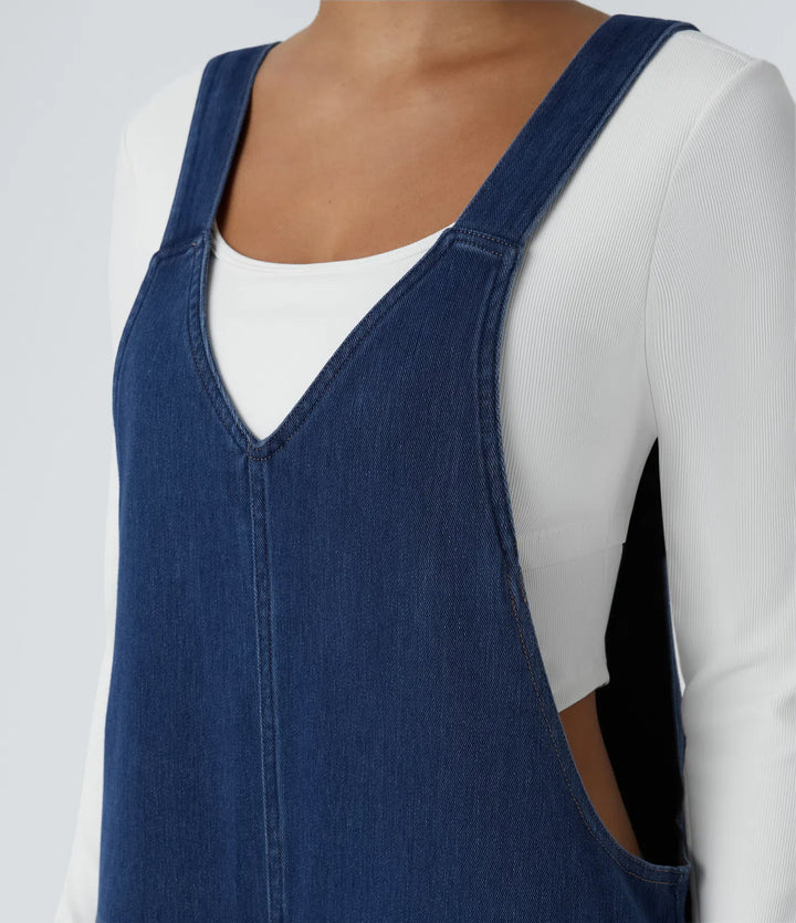Halara Flex V Neck Pocket Washed Denim Casual Overalls