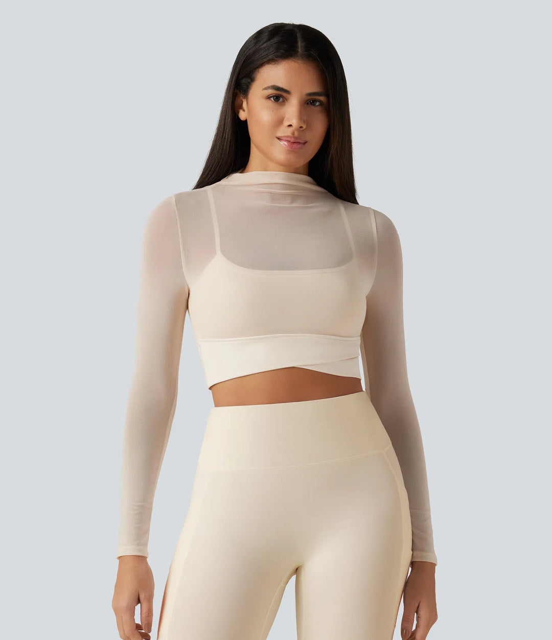 Mock Neck Long Sleeve Non-Removable Pad Mesh Cropped Yoga Sports Top