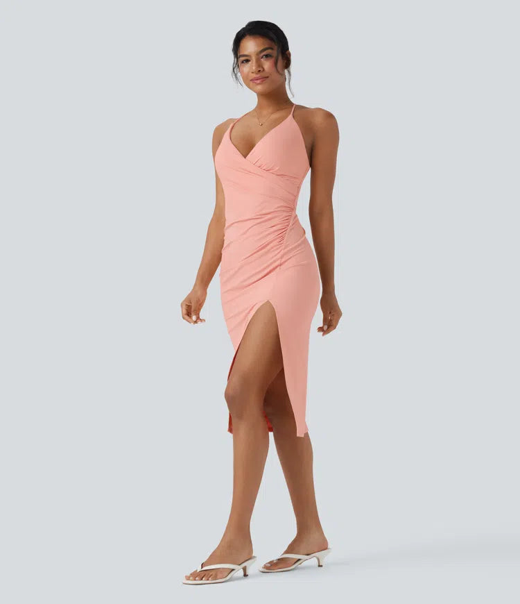 SoftlyZero Airy Crossover Ruched Lace Up Bodycon InstantCool Dress DD-F Cups