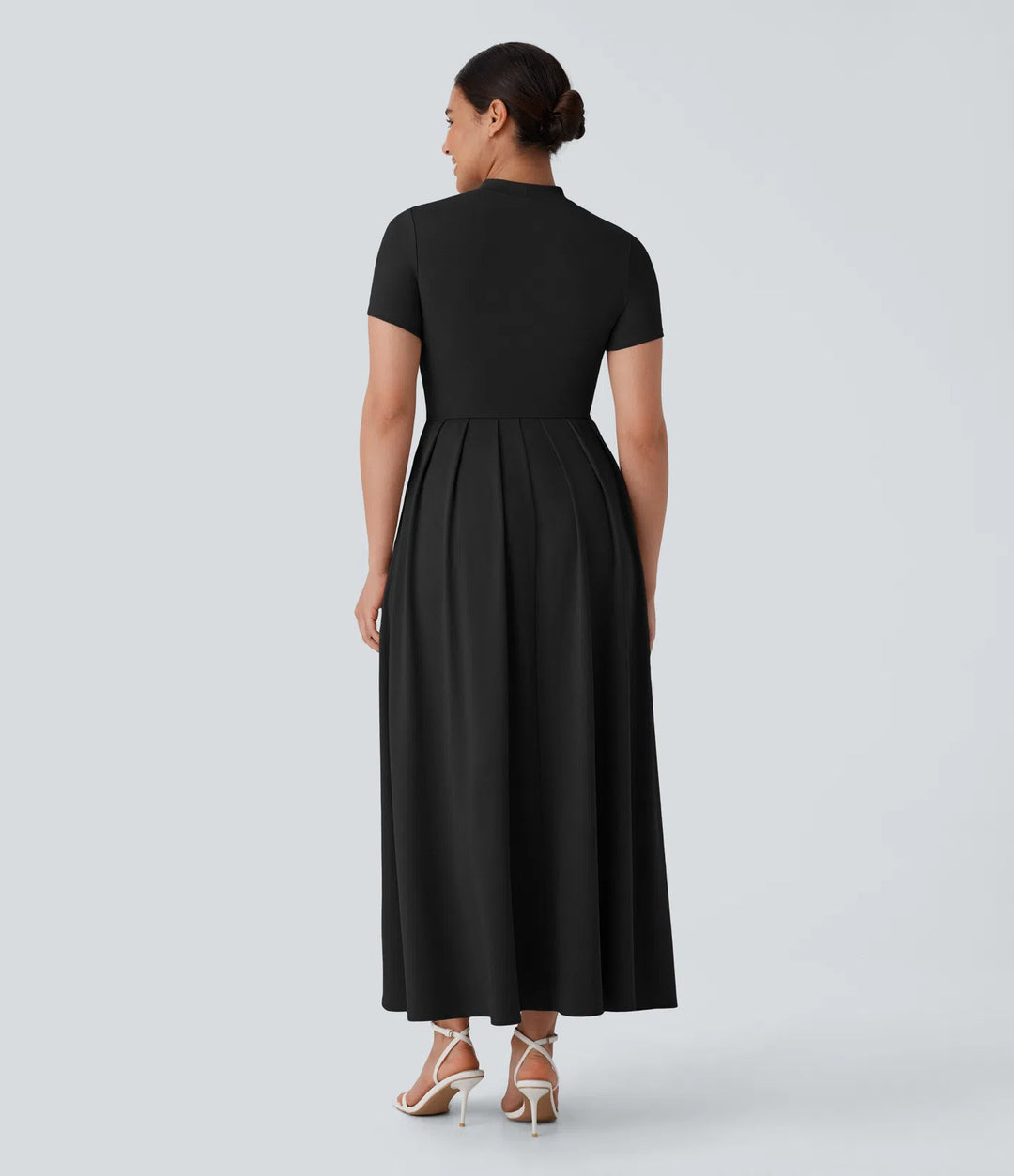 Stand Collar Short Sleeve Pocket Flare Maxi Casual Dress
