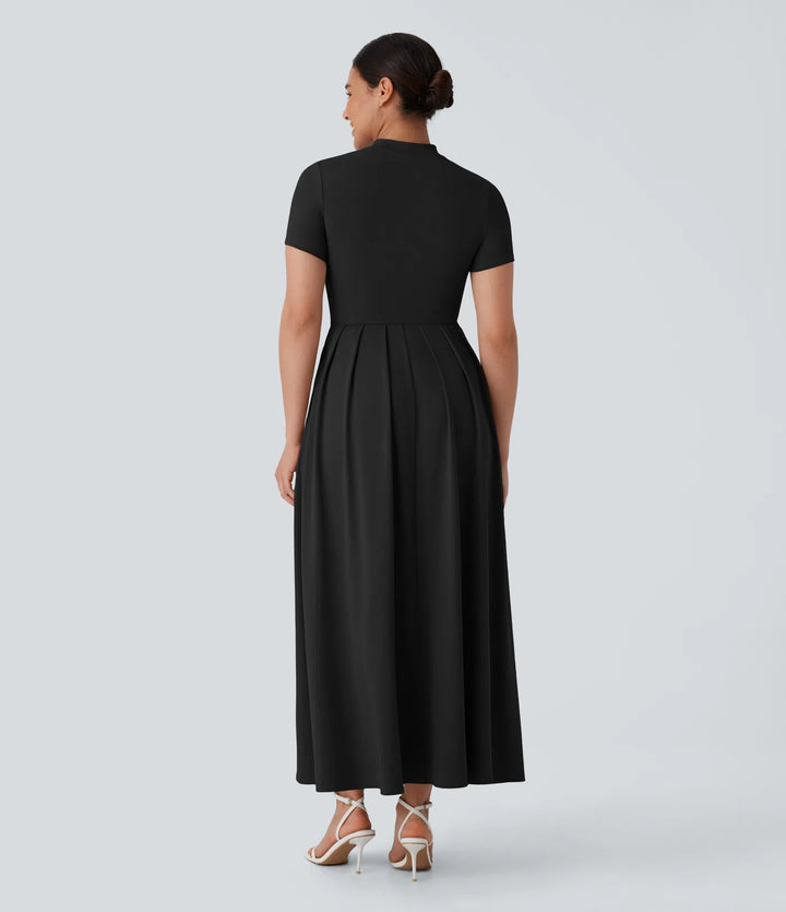 Stand Collar Short Sleeve Pocket Flare Maxi Casual Dress