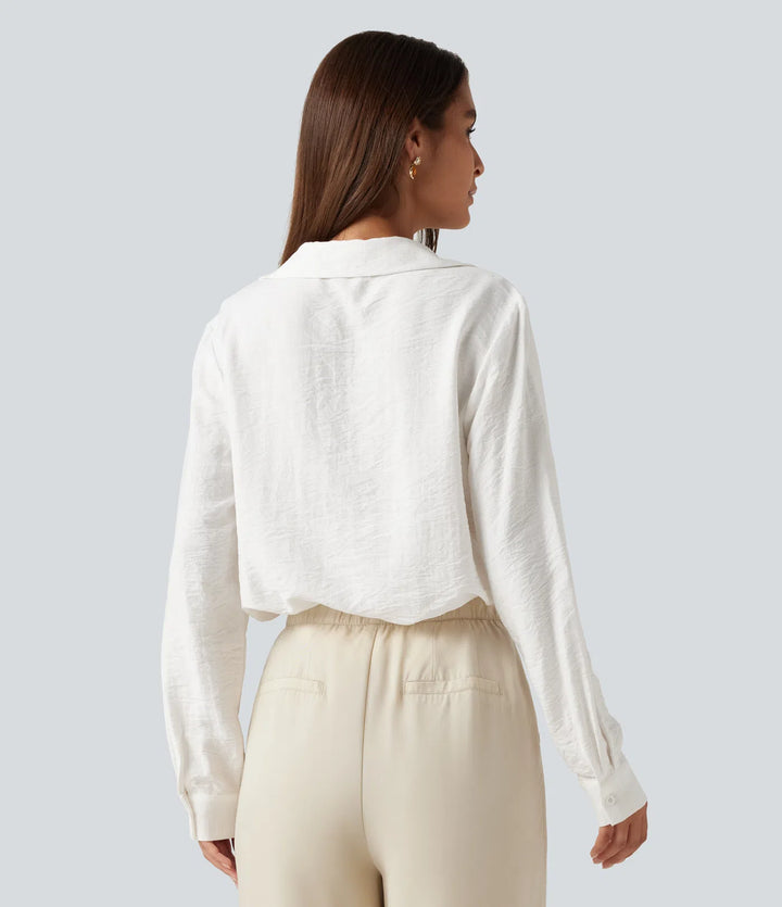V Neck Contrast Lace Long Sleeve Work Shirt with Pocket