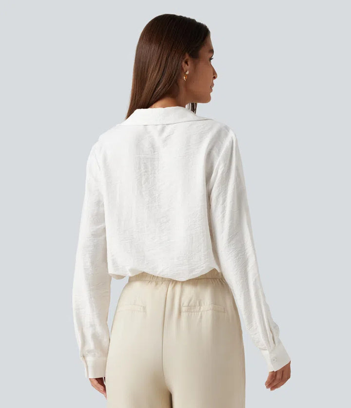 V Neck Contrast Lace Long Sleeve Work Shirt with Pocket