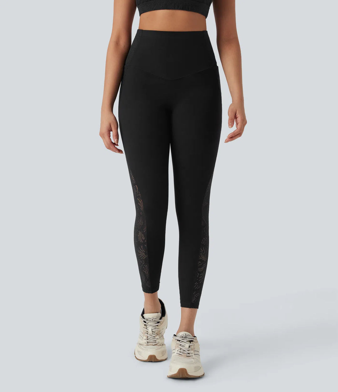 Halara UltraSculpt High Waisted Tummy Control Contrast Lace Shaping Training Leggings with Pockets