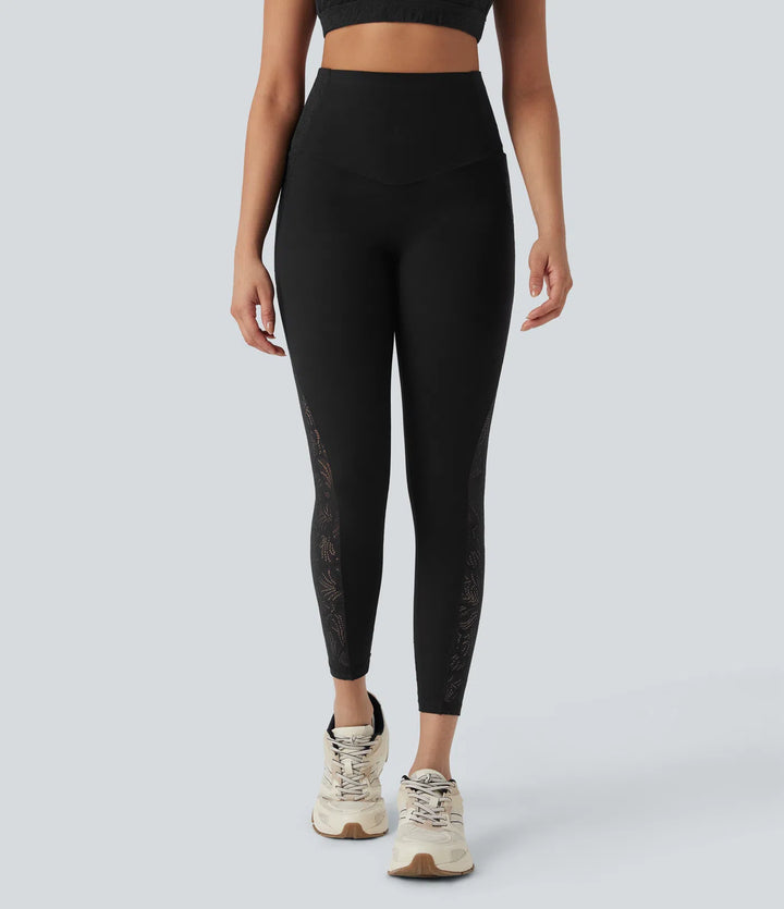 Halara UltraSculpt High Waisted Tummy Control Contrast Lace Shaping Training Leggings with Pockets