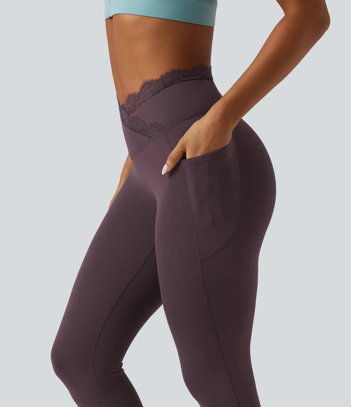 SoftlyZero High Waisted Crossover Contrast Lace Yoga Leggings with Pockets