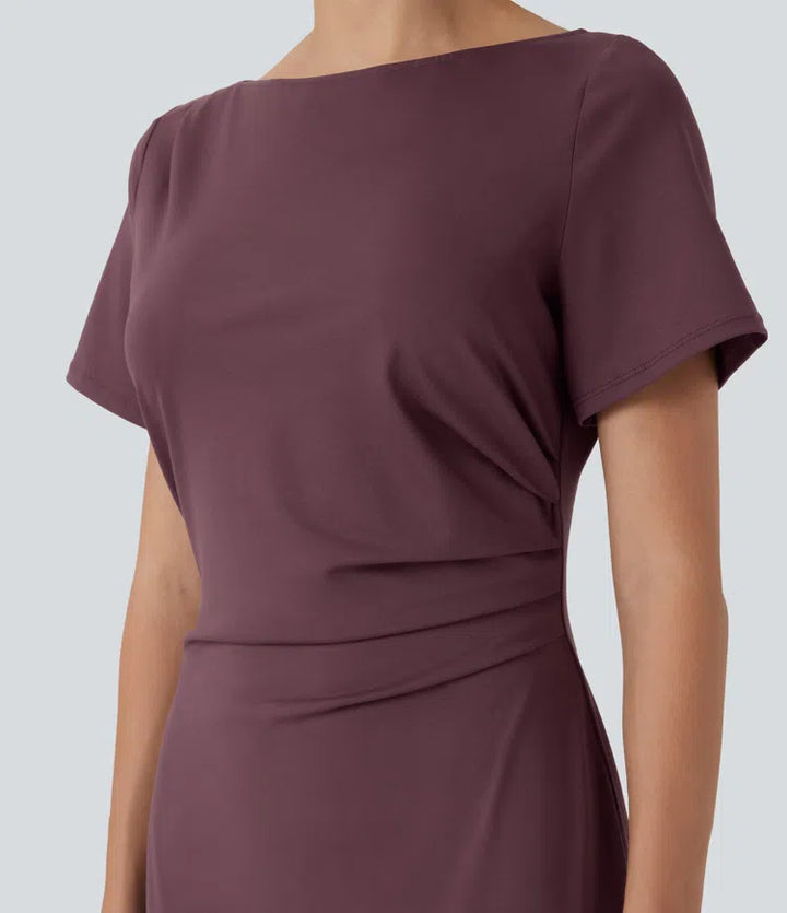 Short Sleeve Ruched Bodycon Midi Work Dress