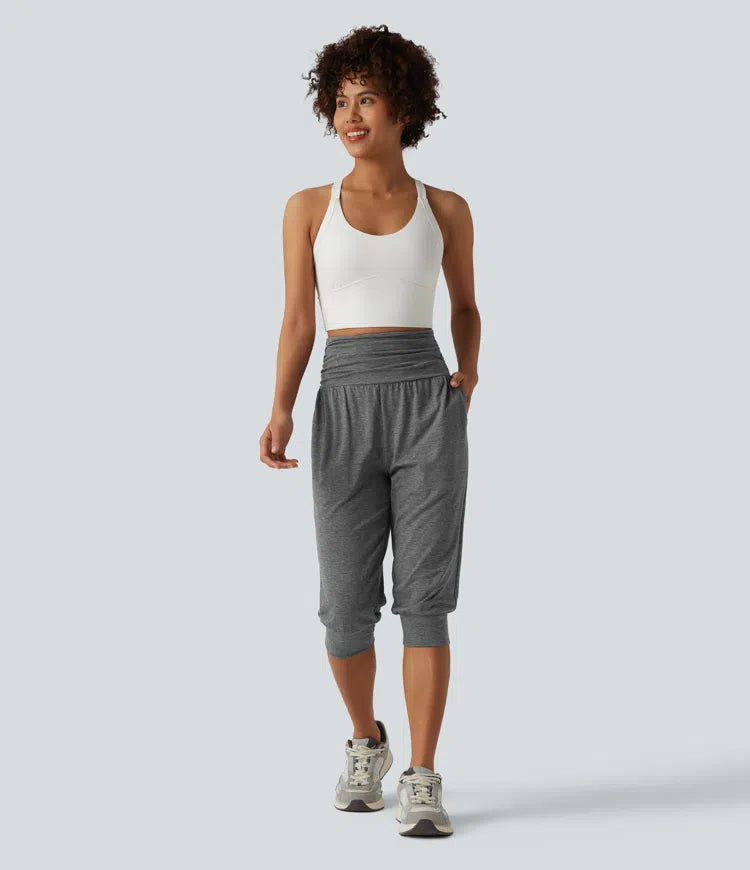 High Waisted Ruched Heathered Yoga Pedal Pushers Joggers with Pockets