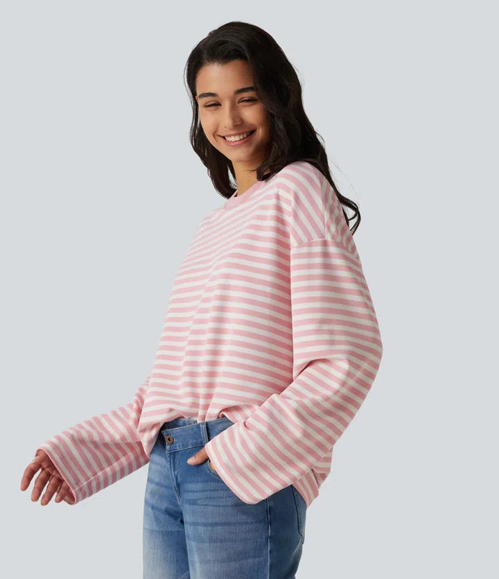 Round Neck Long Sleeve Stripe Waffle Casual Top