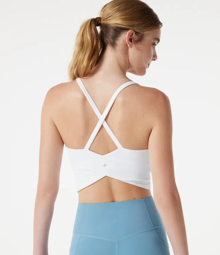 Scoop Neck Built-in Bra Crossover Hem Cropped Yoga Cami Top