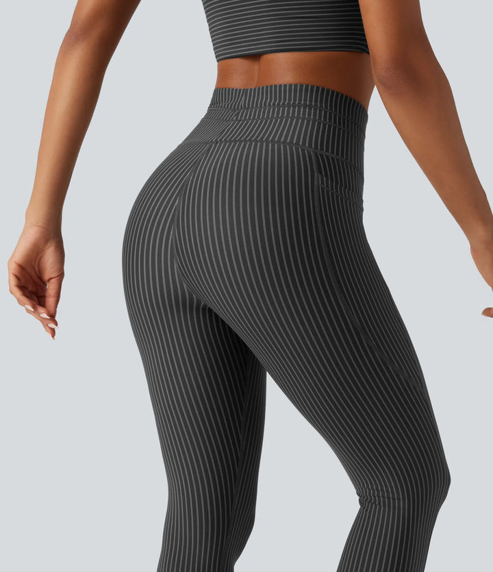 High Waisted Drawstring Stripe Yoga Leggings with Pockets