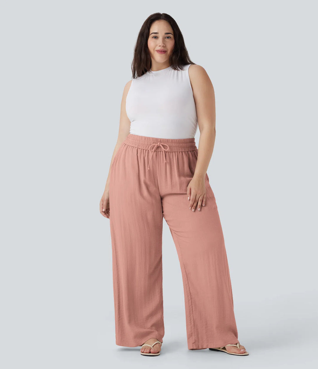High Waisted Drawstring Linen-Feel Wide Leg Casual Plus Size Pants with Pockets