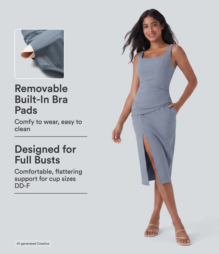 SoftlyZero Airy Square Neck Corset Ruched Bodycon Midi InstantCool Dress DD-F Cups